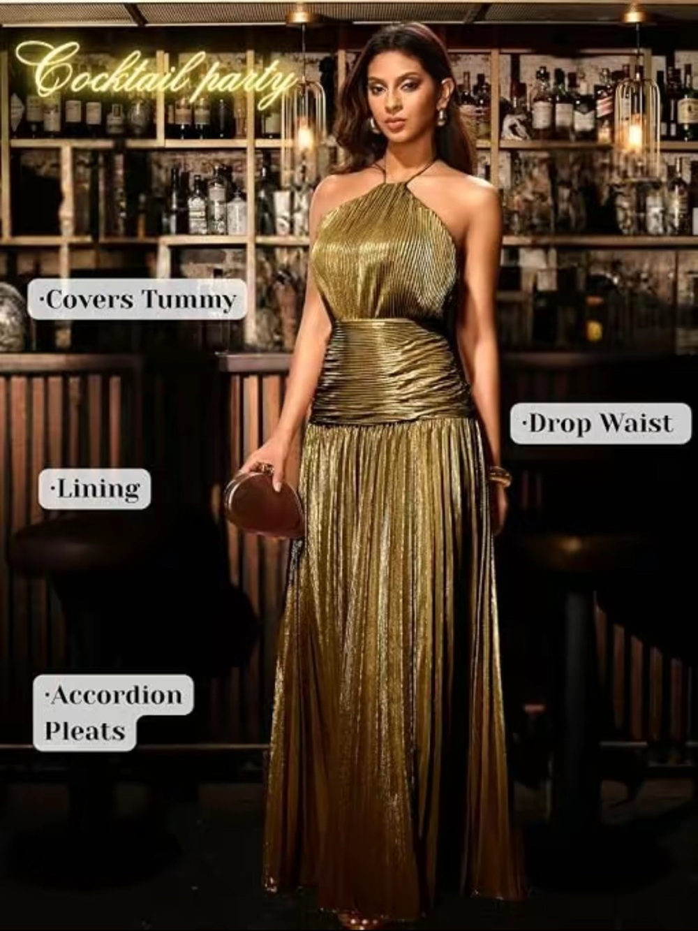 TIKTOK Viral Pleated Halter Maxi Dress High Slit Antique Gold